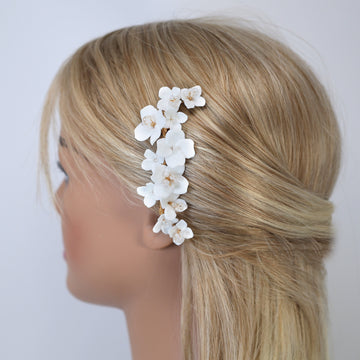 Ceramic White Flowers Pearl Hair comb, Bridal Gold Finish Hair Piece, Bridal Hair Accessories, Wedding Hair Accessory.